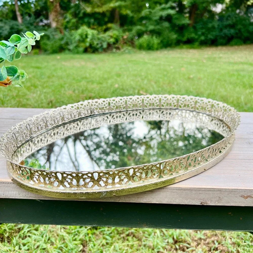 Vintage Oval Gold Filigree Vanity Mirror Tray